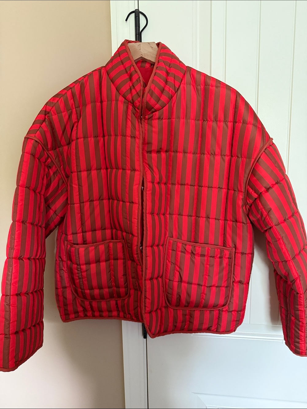 Red & Brown Striped Quilted Puffer Jacket | Oversized Statement Coat | Size M